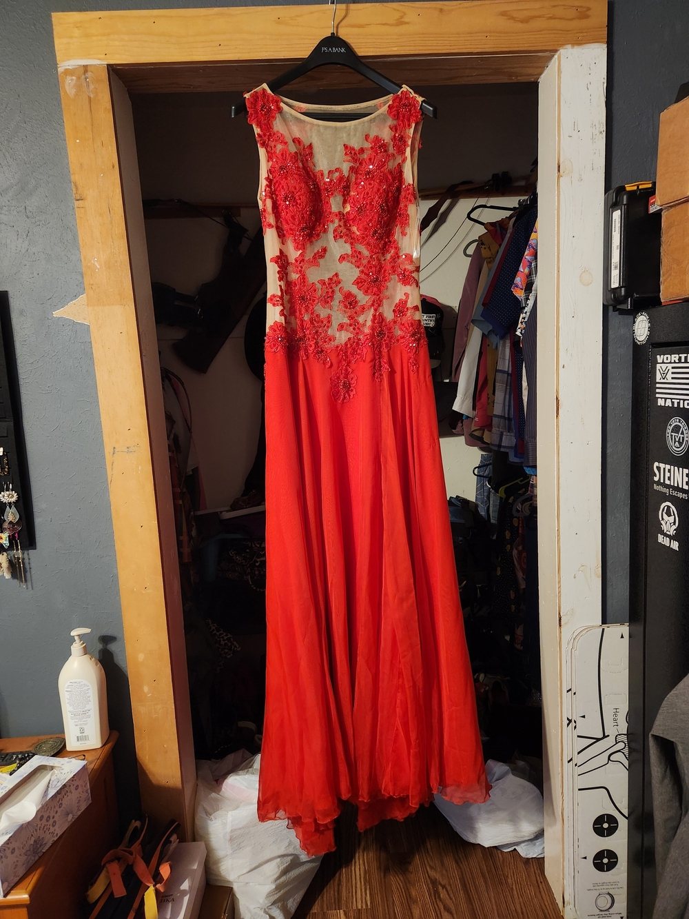 Jovani Red and Nude Illusion Appliqué Prom Dress